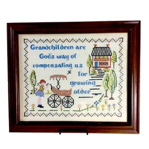 VTG Cross Stitch Framed "GRANDCHILDREN GOD'S WAY" GROW OLDER 16"x14"